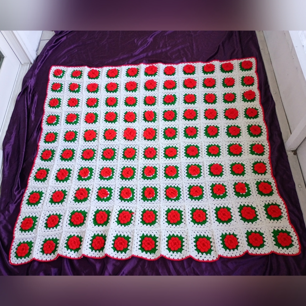 Handmade Crochet Blanket - Red, Green, and White